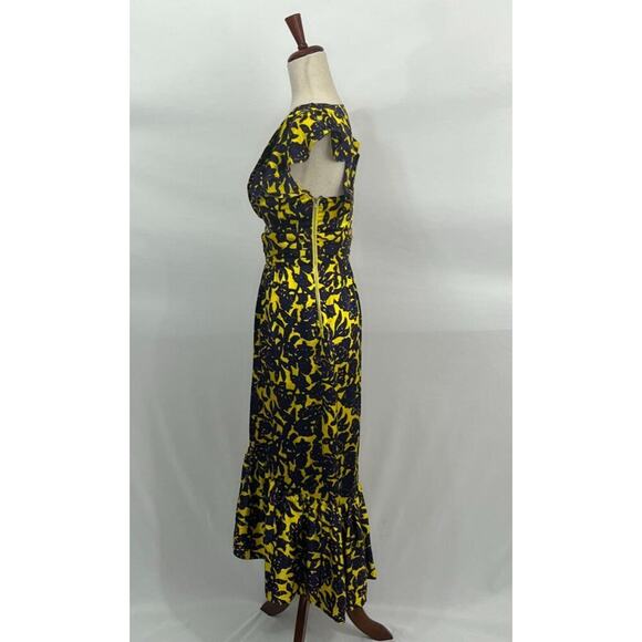 A.L.C Sz 2 Valencia Purple Yellow Floral Silk Cutout Ruffle Midi Dress - Picture 5 of 13